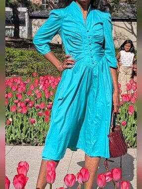 Vintage Turquoise Button-Front Midi Dress